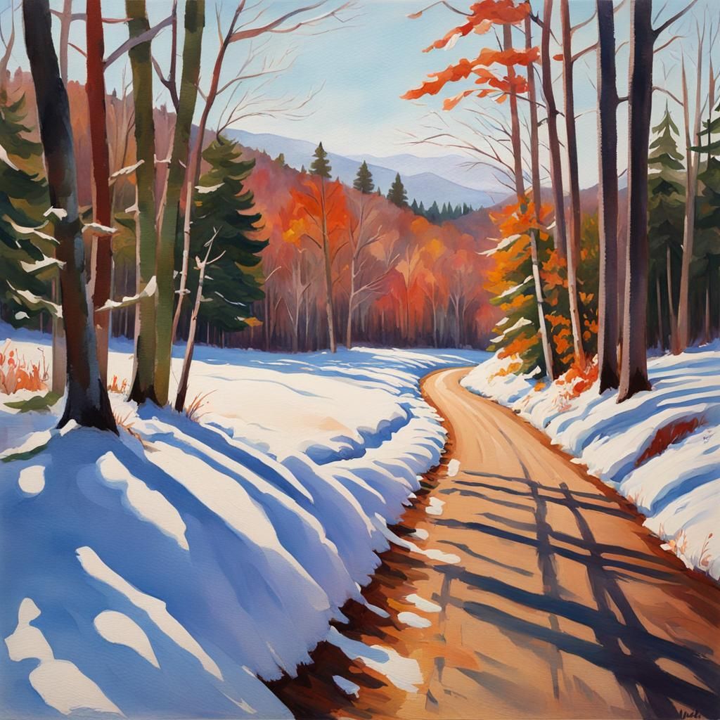 Winter Back Road in New Hampshire as Gouache Painting