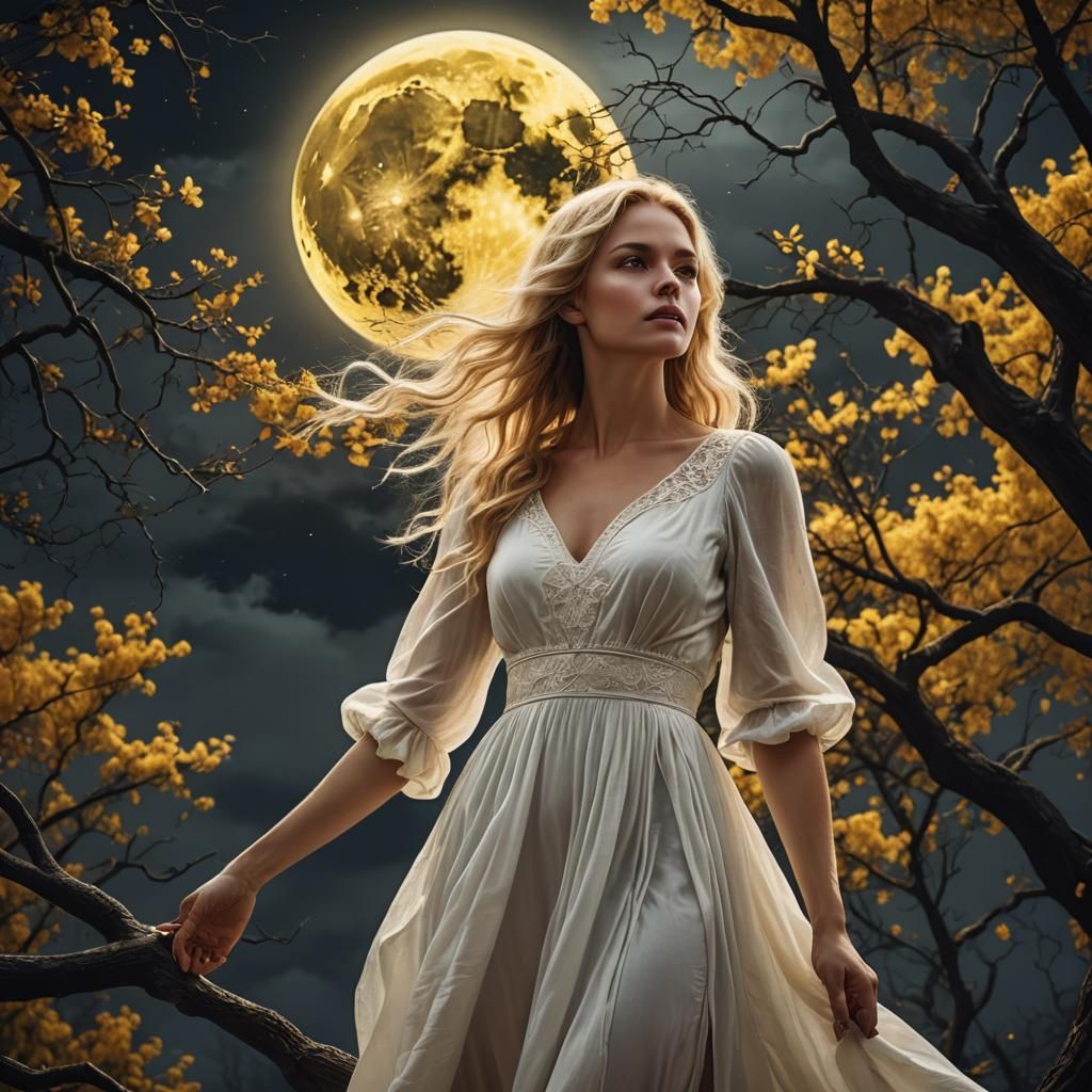 Blond Girl Posing Before Moon: Digital Matte Painting
