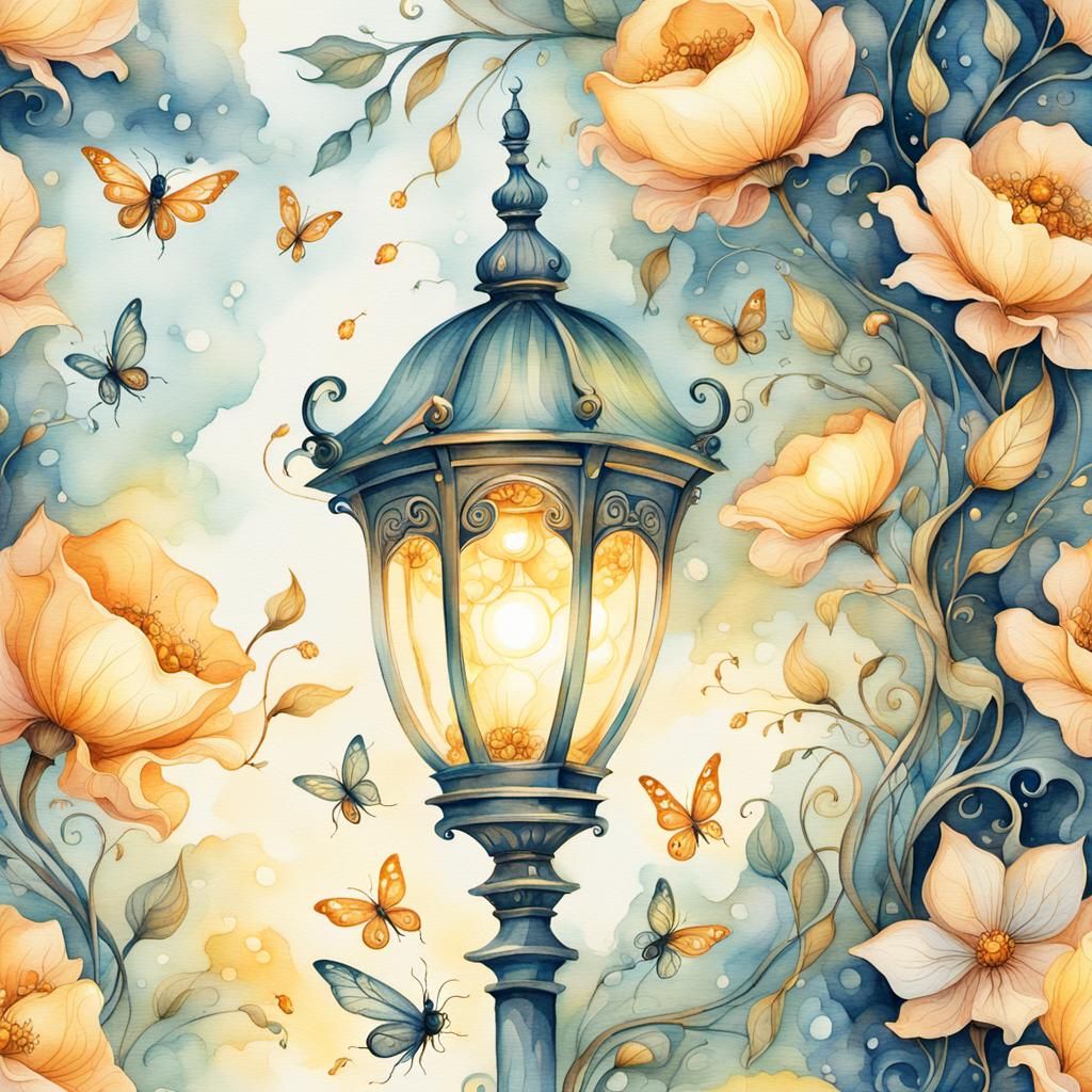 Enchanted Streetlamp in Watercolor Style