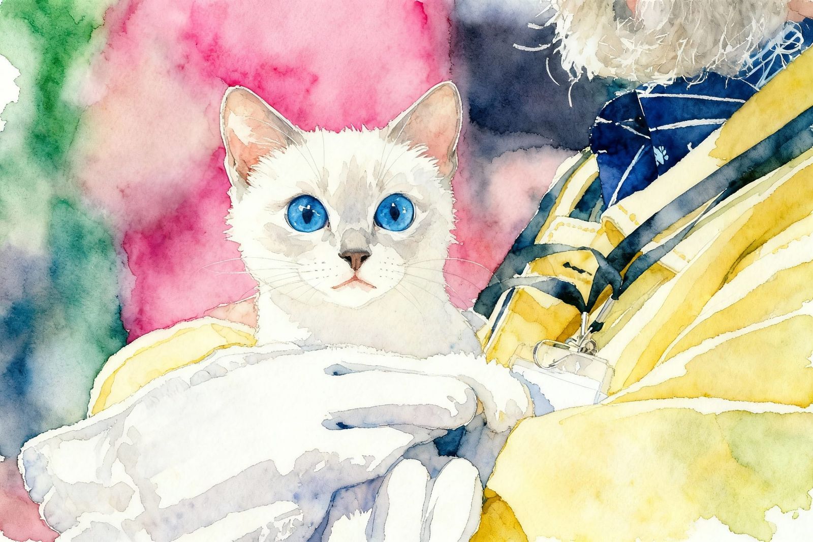 White Cat Eyes Against the Void in Watercolor