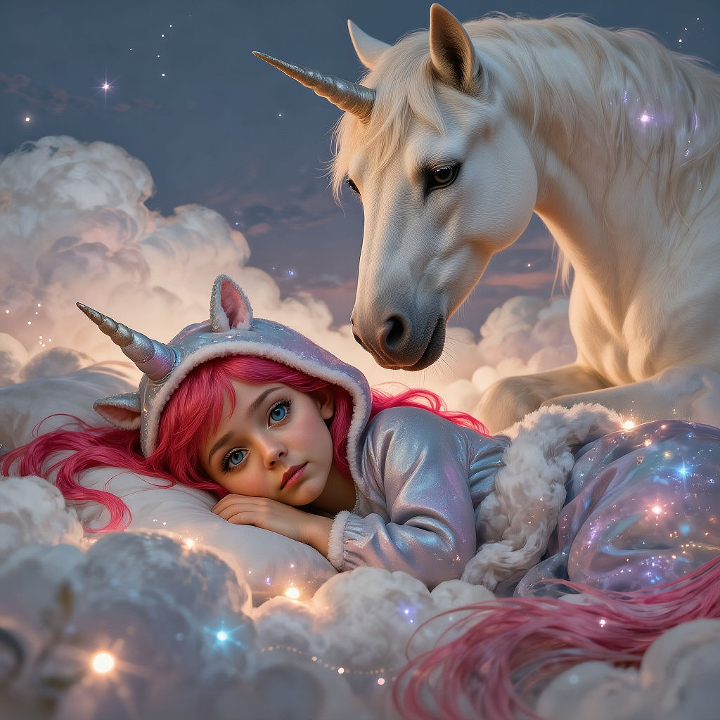 Dreaming Girl in Unicorn Costume with White Unicorn