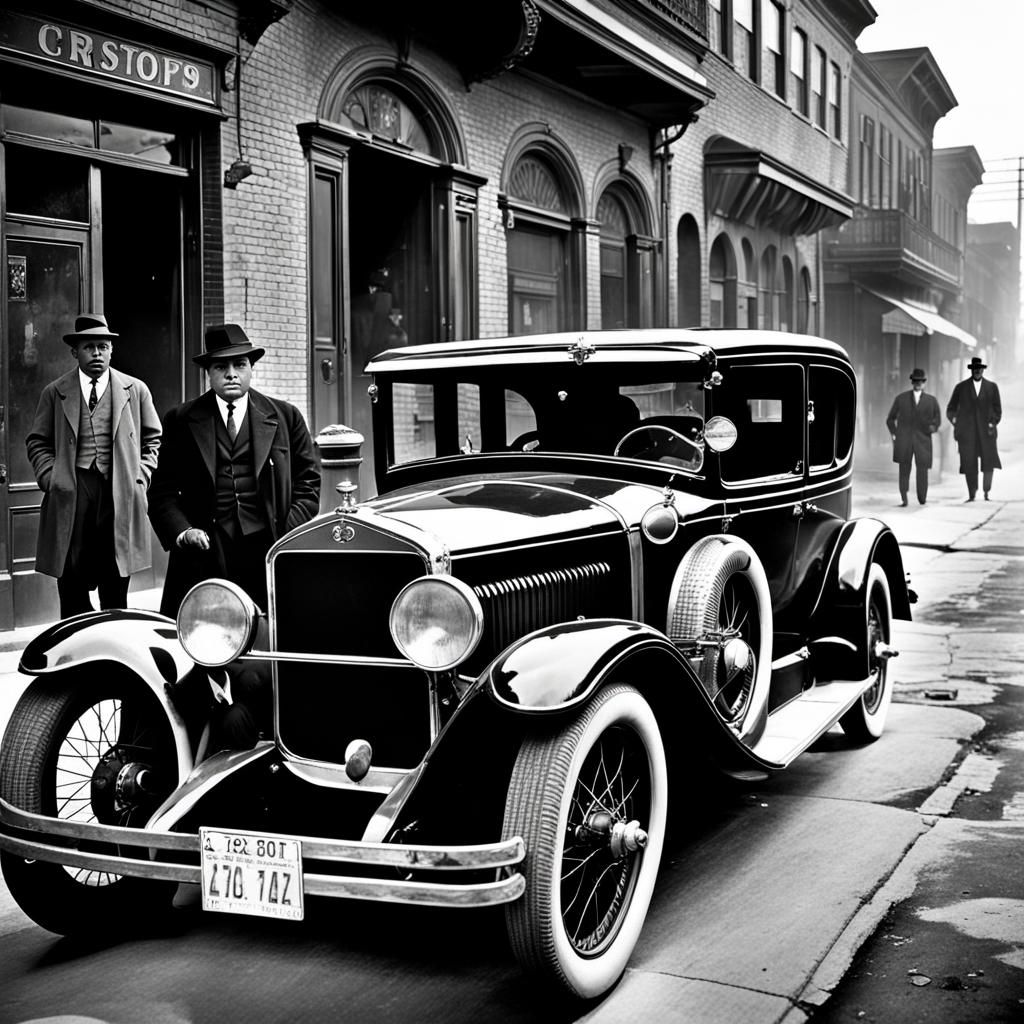 1920s Gangster Scene with Car in Noir Style