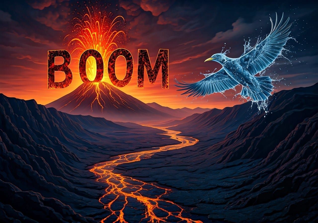 Volcanic Eruption with Water Bird Taking Flight