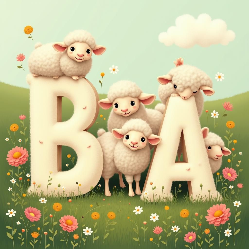 A herd of sheep displayed as the onomatopoeia B A A