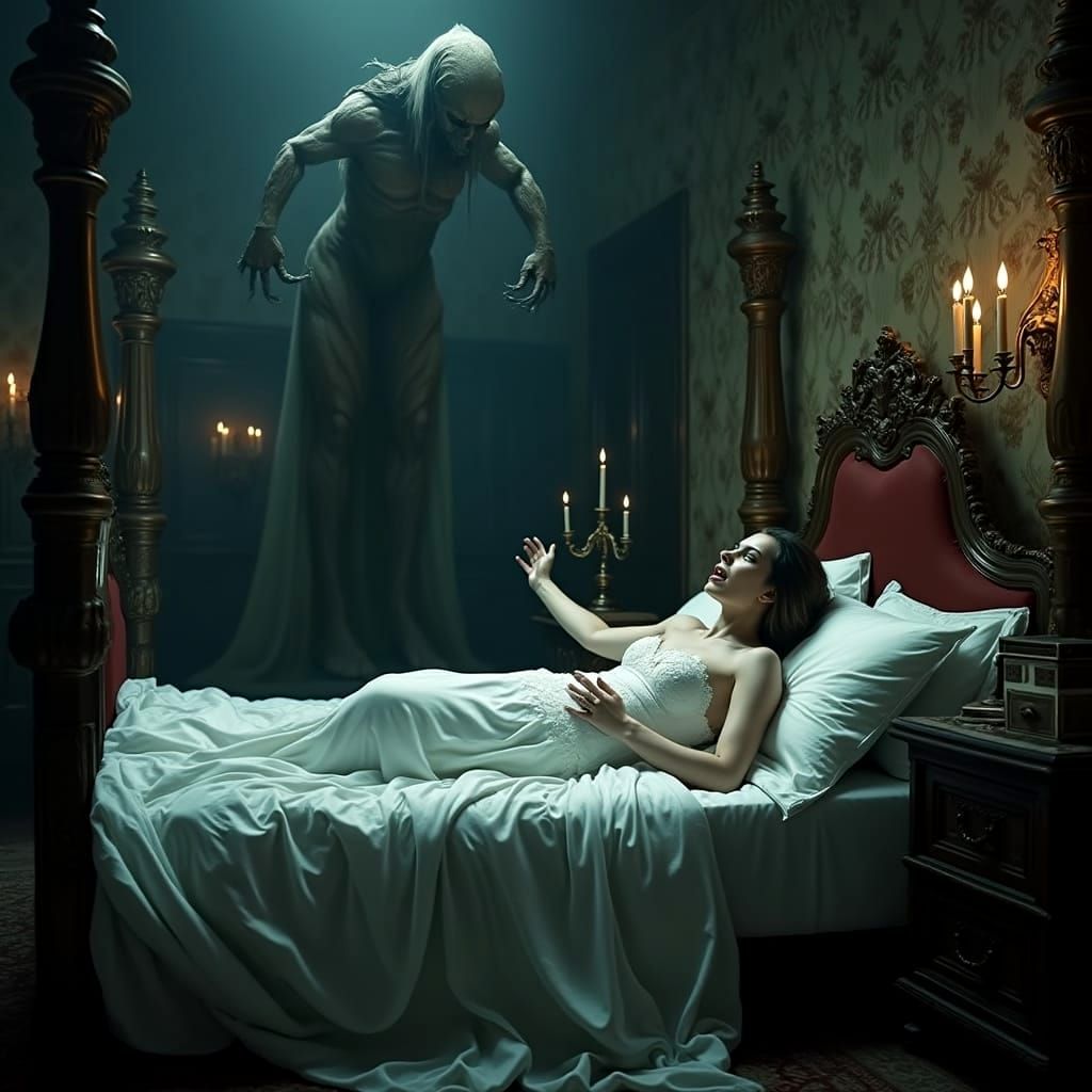 Mysterious Entity Emerges Above Victorian Bed