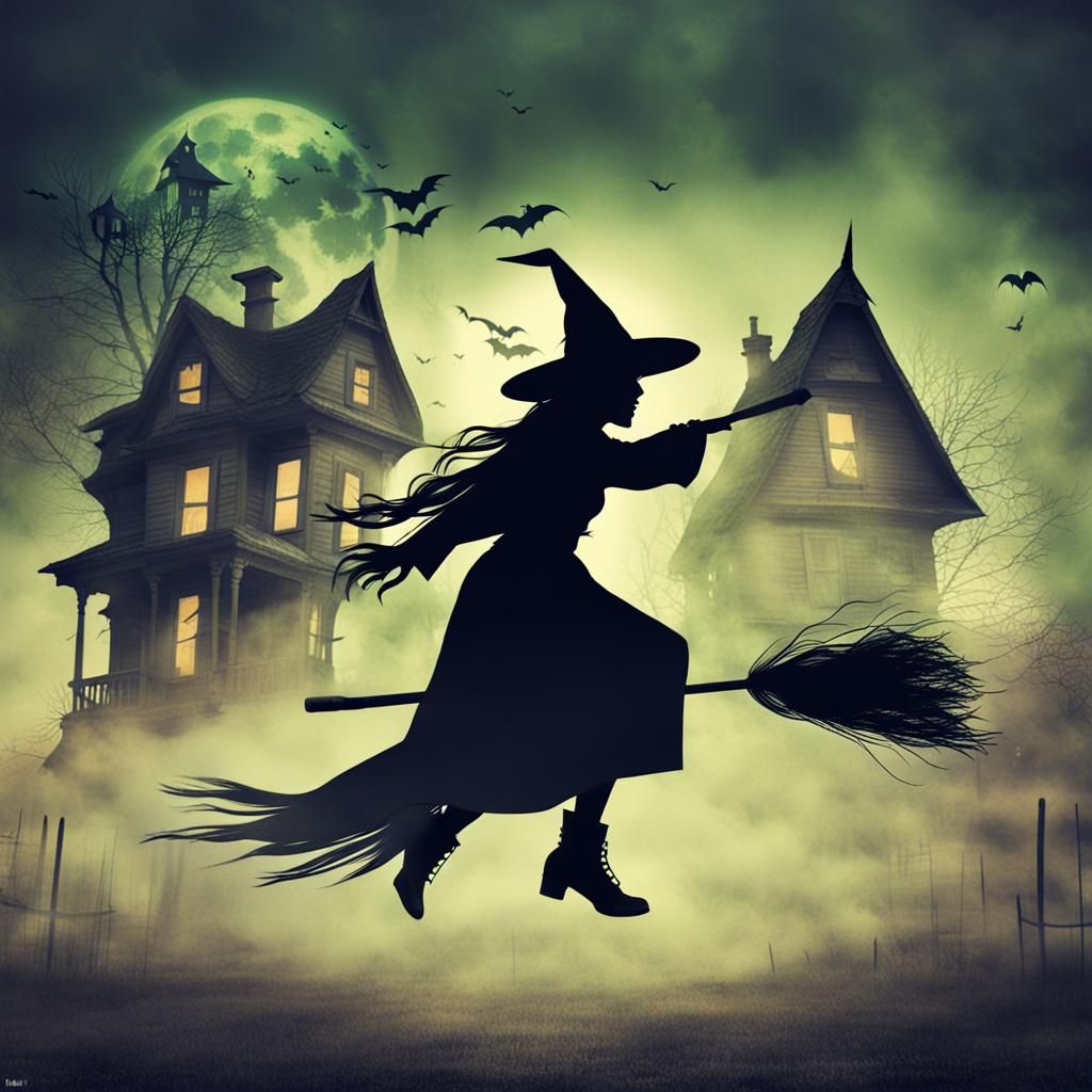 Ethereal Witch Silhouette with Haunted House