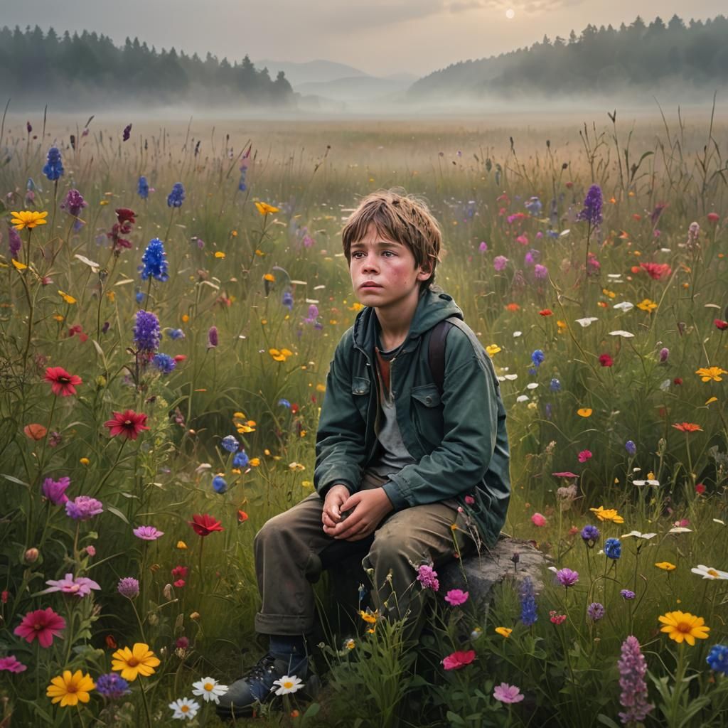 Boy Crying in Foggy Wildflower Meadow: Digital Painting