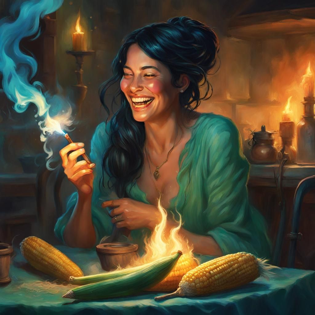 Merry Woman with Corncob Pipe in Hyperrealistic Style