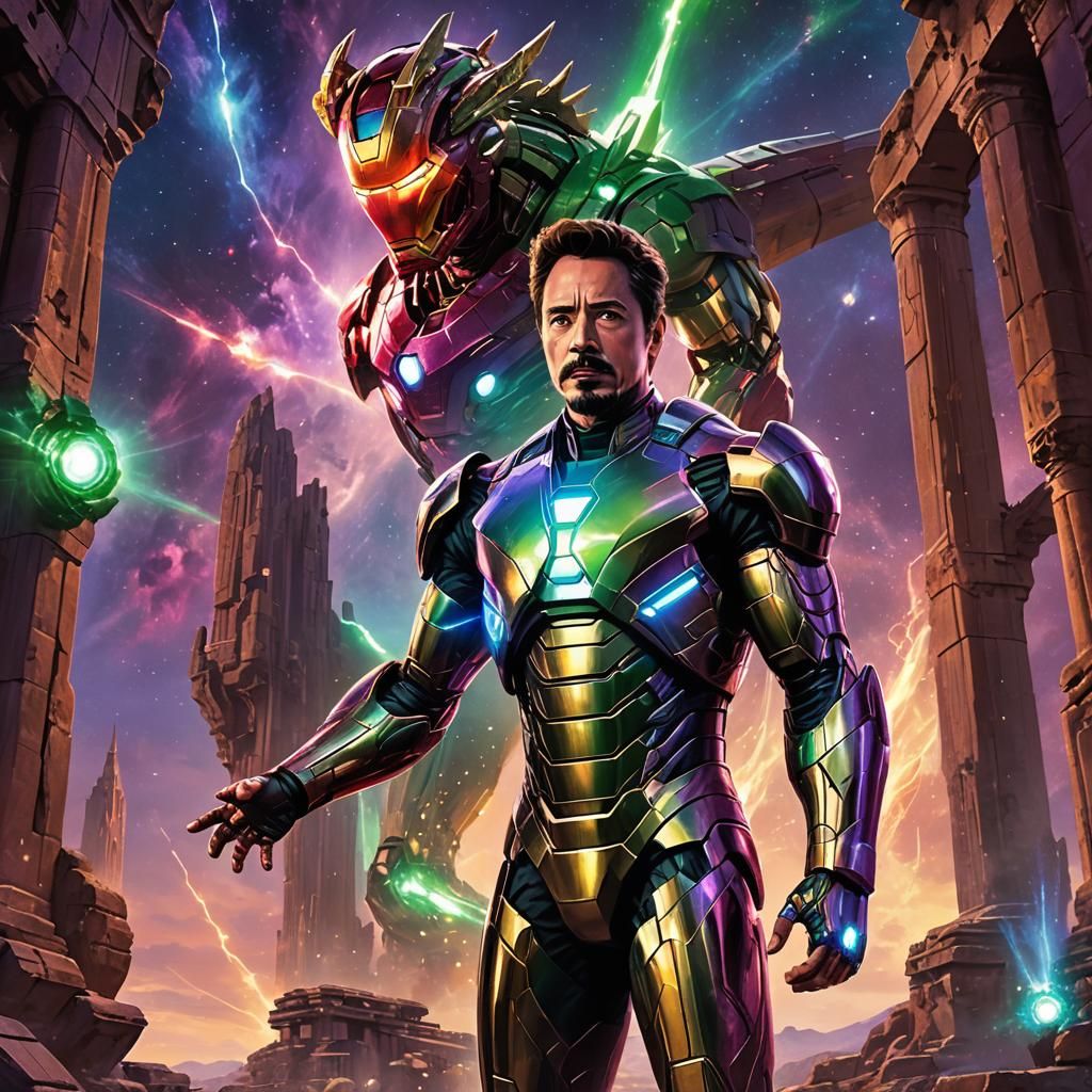 Iron Man at Ancient Ruins in Digital Art Style