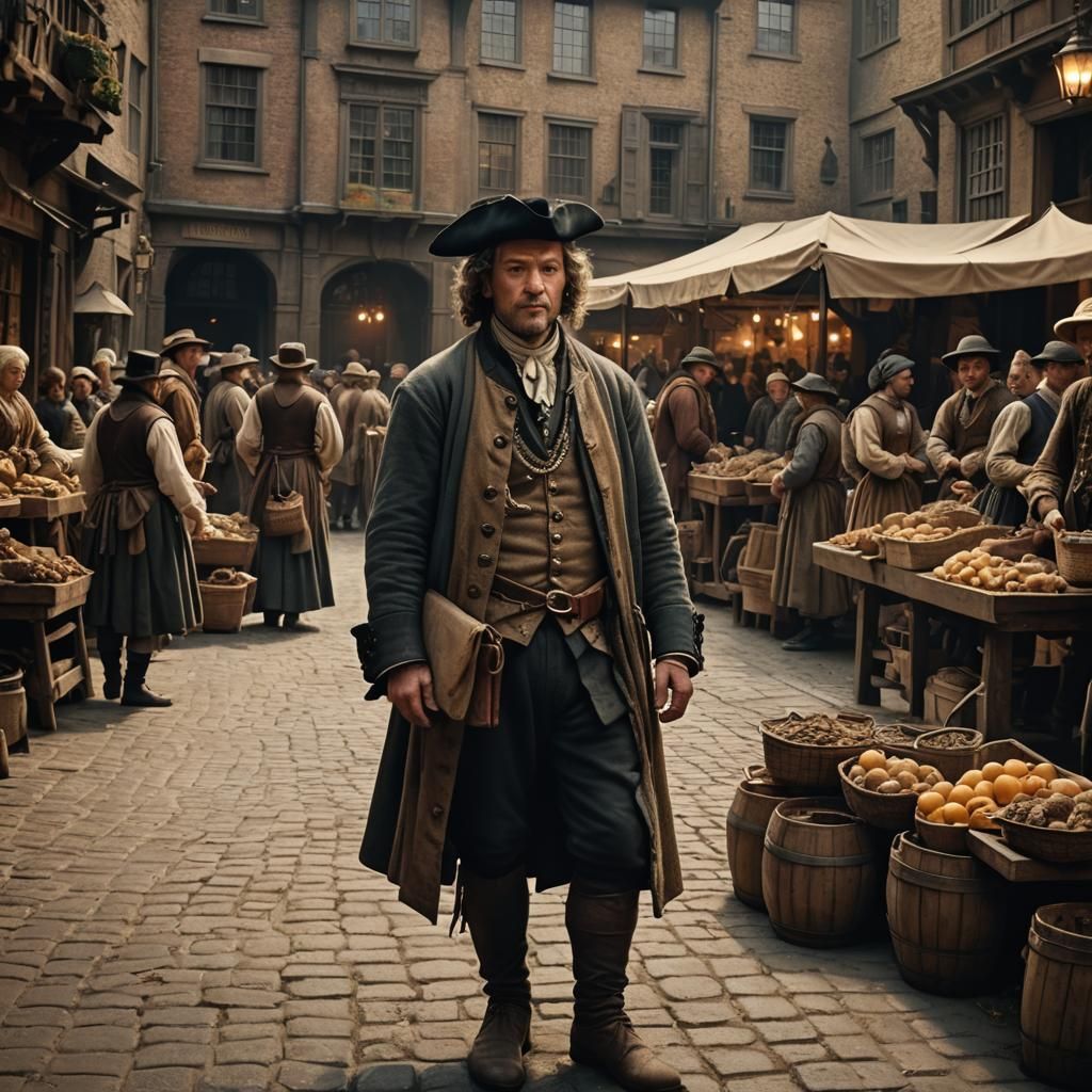 Time Traveler in 1680s Market with Rembrandt Lighting