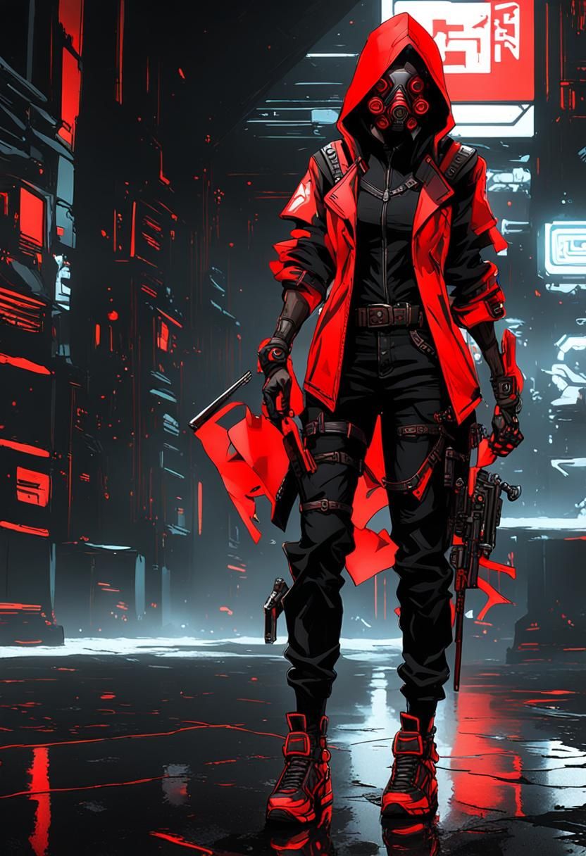 Cyberpunk Girl with Neon Mask and Sword