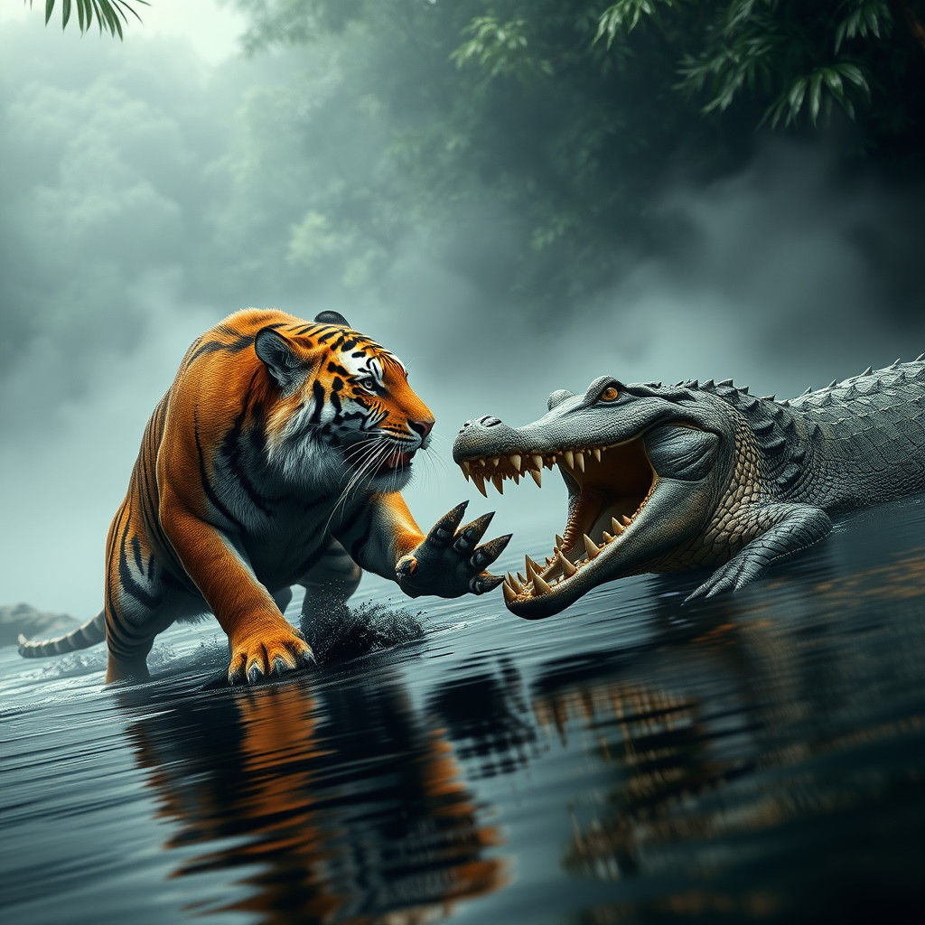 Tiger and Crocodile Face-Off on Misty Riverbank
