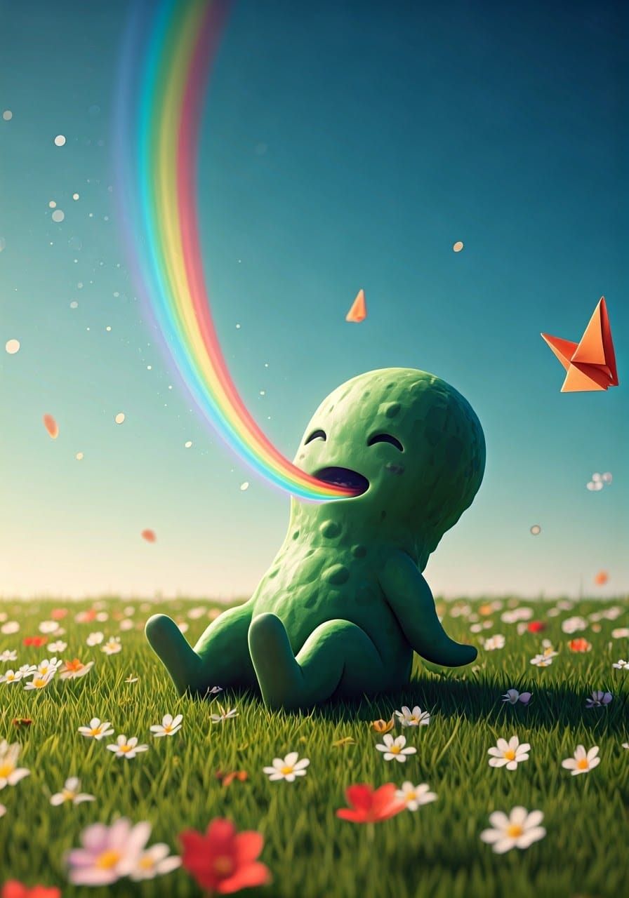 Rainbow-Spewing Cucumber Ghost Chibi in Digital Art Style