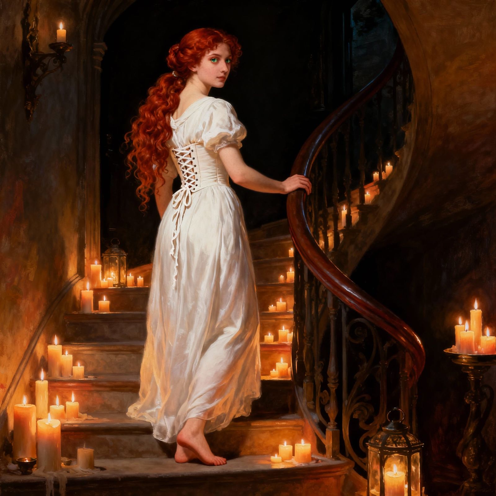 Baroque Painting of Woman on Candlelit Staircase