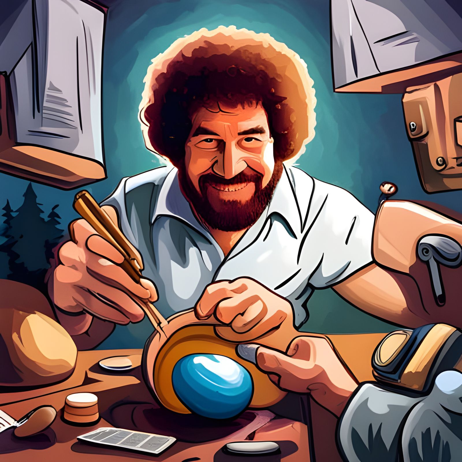 Bob Ross Easter Egg in Colorful Line Art
