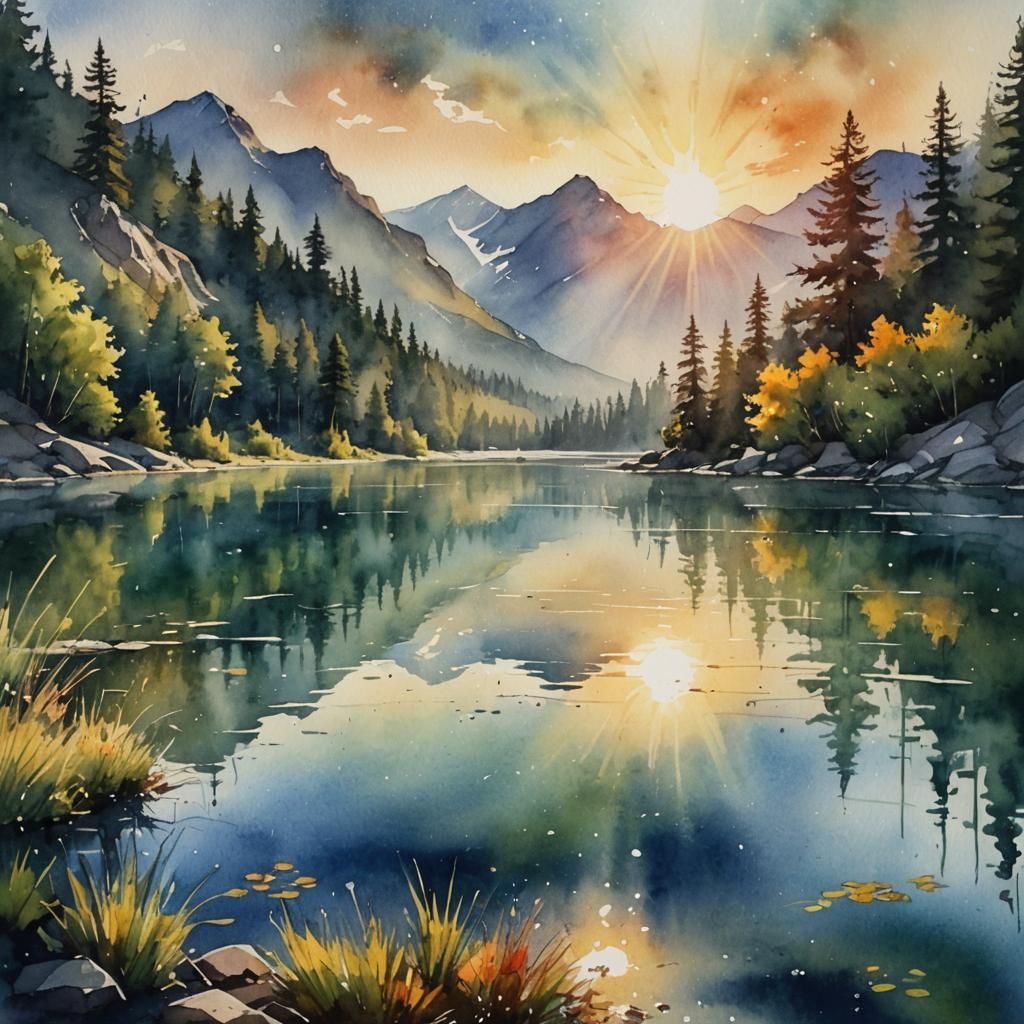 Sunlit Mountain Lake at Sunrise in Watercolor