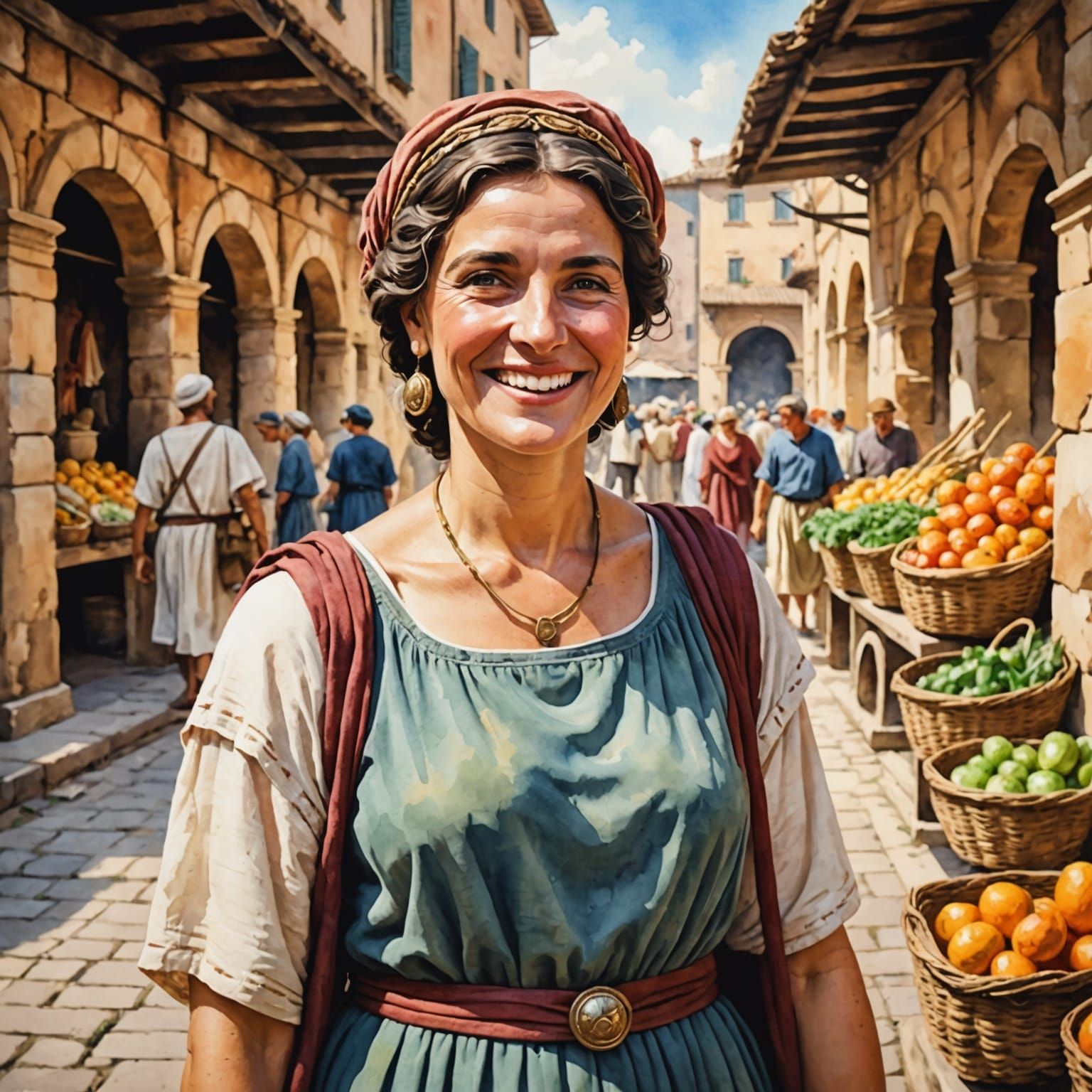 Ancient Roman Woman Smiles in Watercolor Market