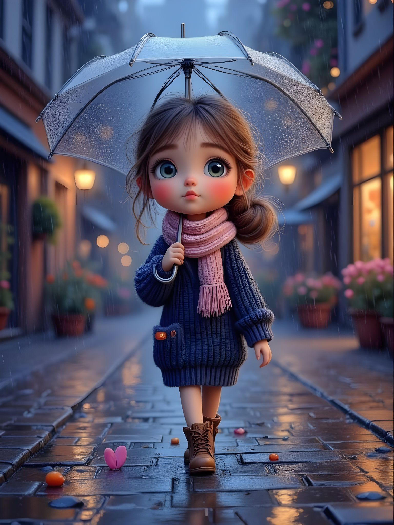 Stylized 3D Girl With Gentle Features In Rainy City