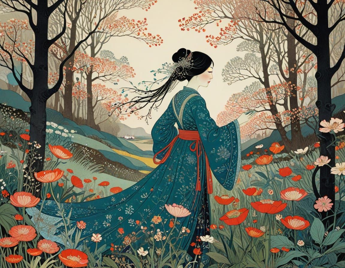 Vibrant Early Spring Scene in Intricate Linocut Style