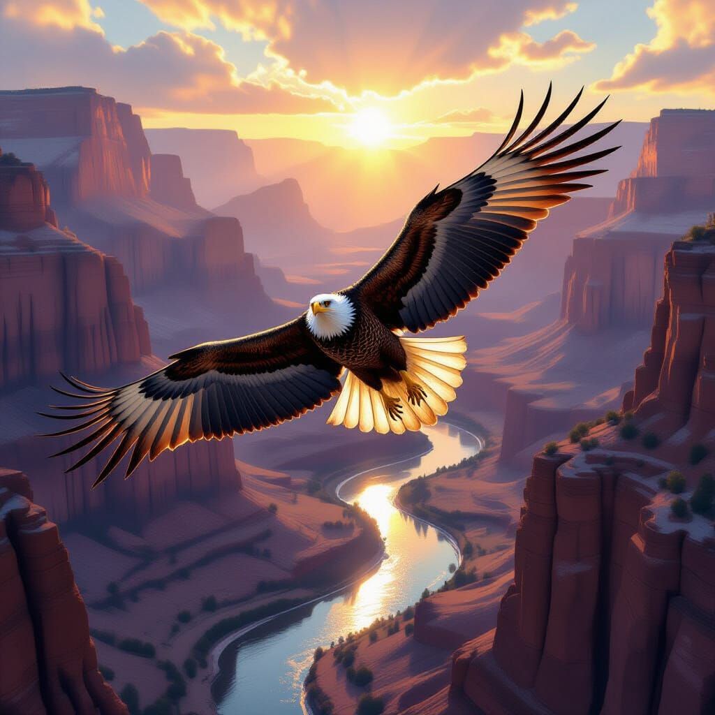Majestic Eagle Soars Over River in Hyperrealistic Canyon