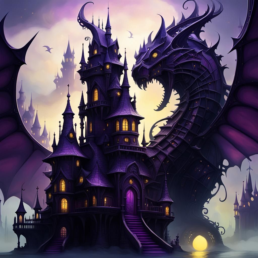 Dark Fantasy Castle with Intricate Magic Towers and Windows