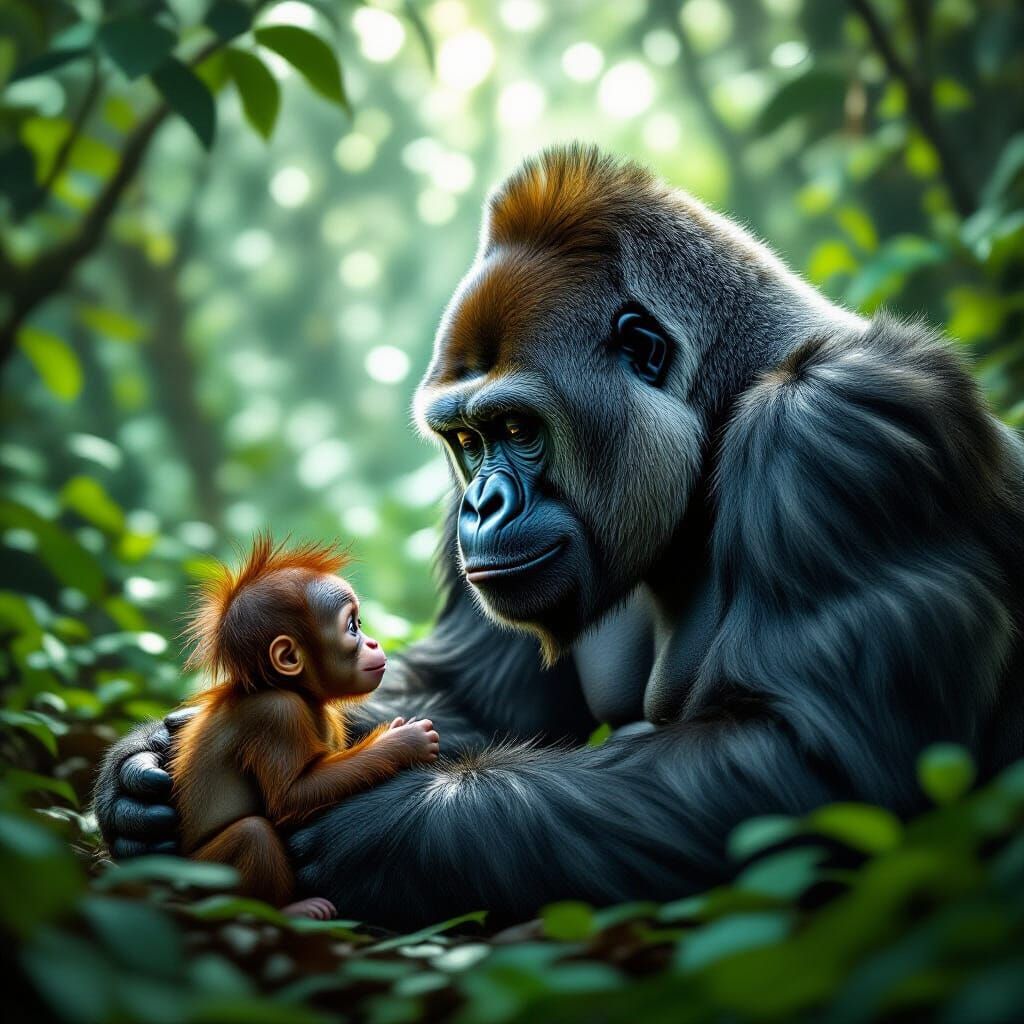 Gentle Giant: Silverback Gorilla and Orangutan in Rainforest
