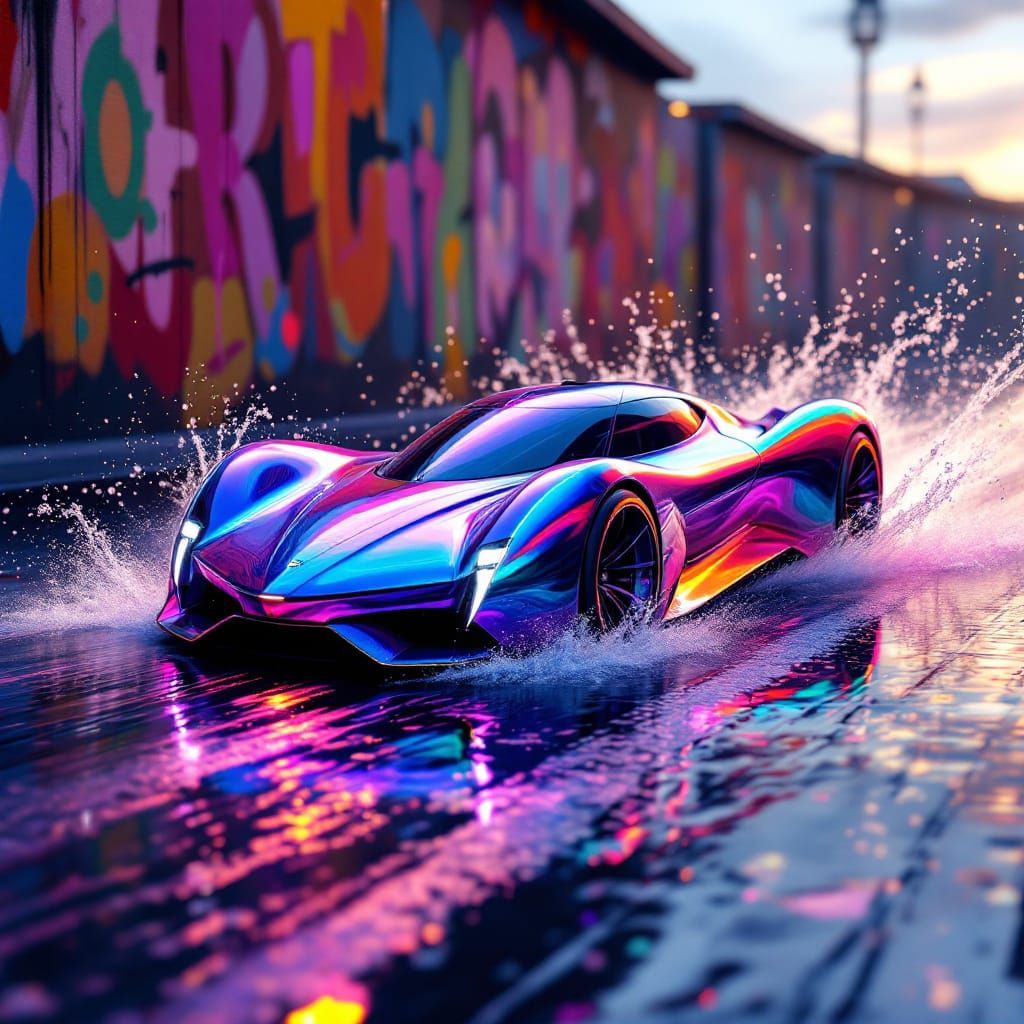 Sleek Iridescent Car on Water Road