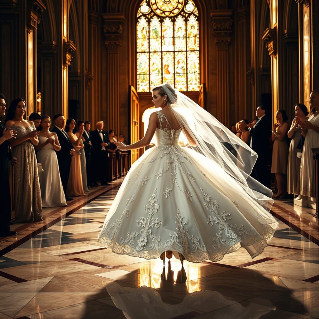 Elegant Runaway Bride Fleeing Grand Church in Dramatic Style