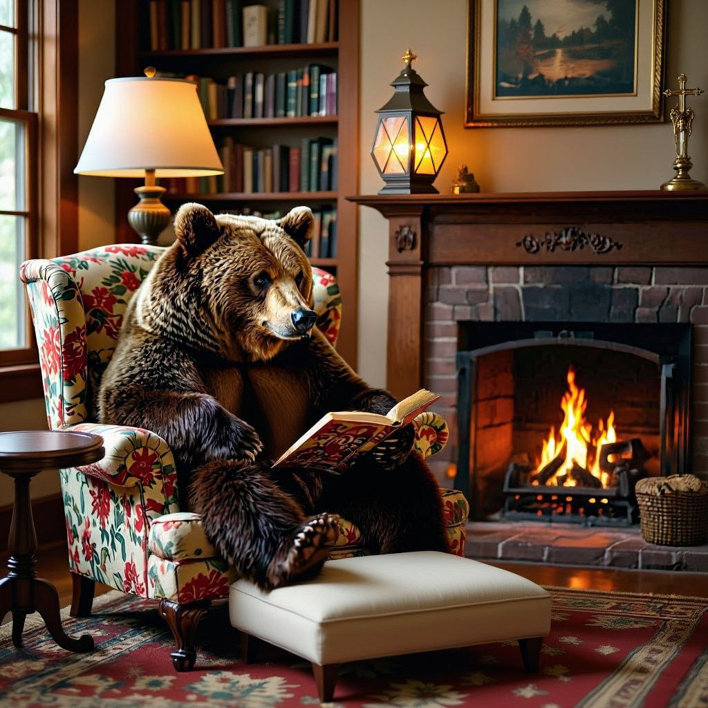 Cozy Library Scene with Bear and Dog