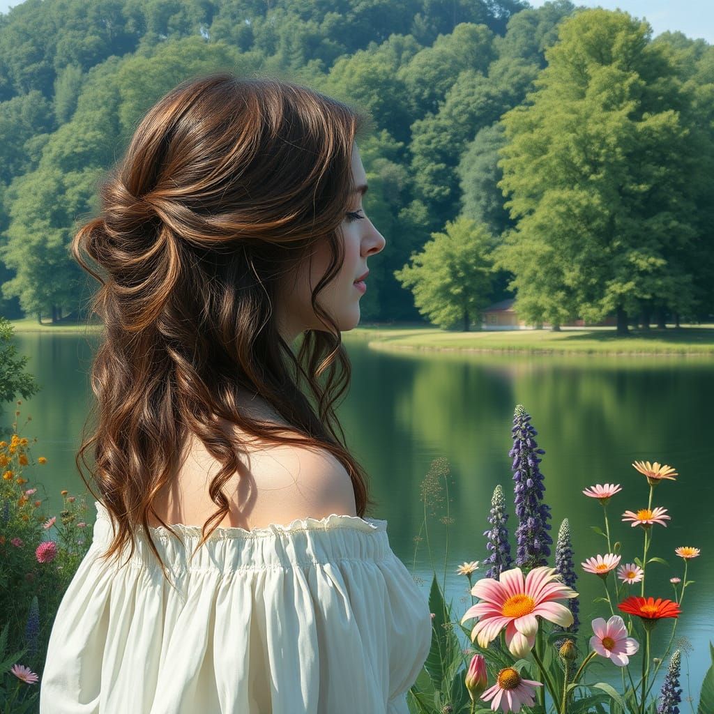 Woman by Lake in Style of Shishkin and Monet