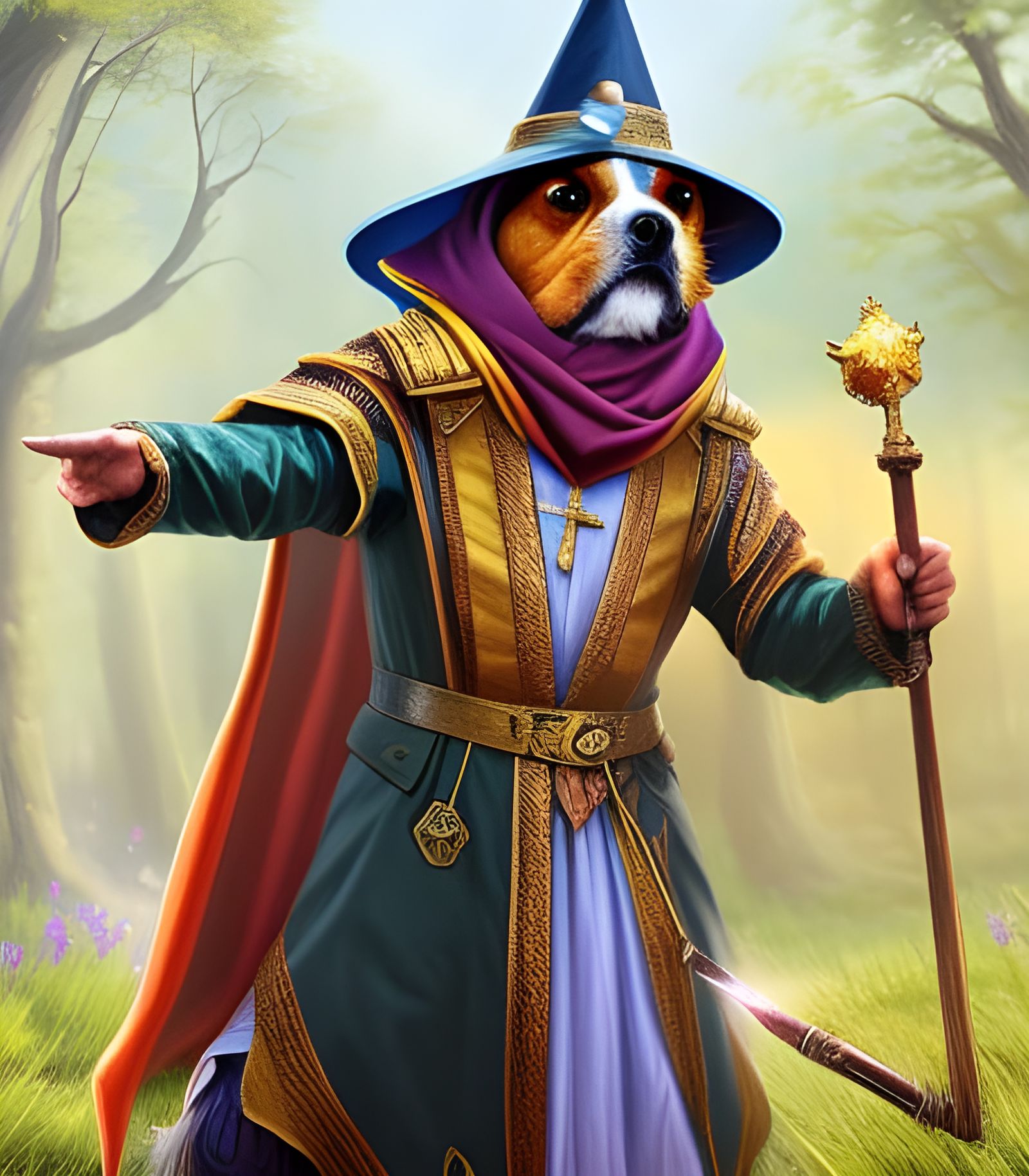 Dog Wizard with Wand in Digital Painting Style