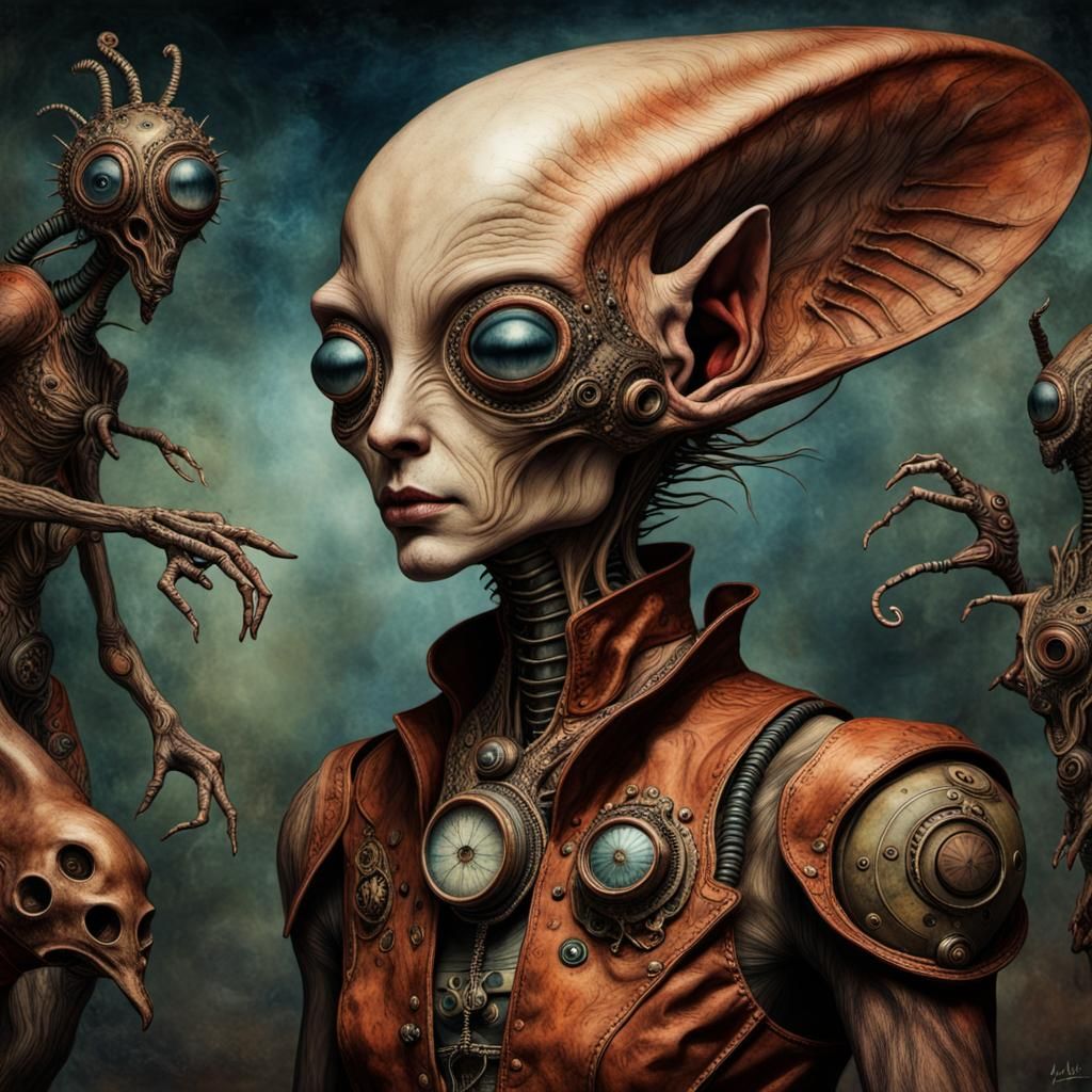 Alien  steampunk  elfin creatures Je me souviens des mouvements   de mes rêves/hold tight,professional photography deep ...
