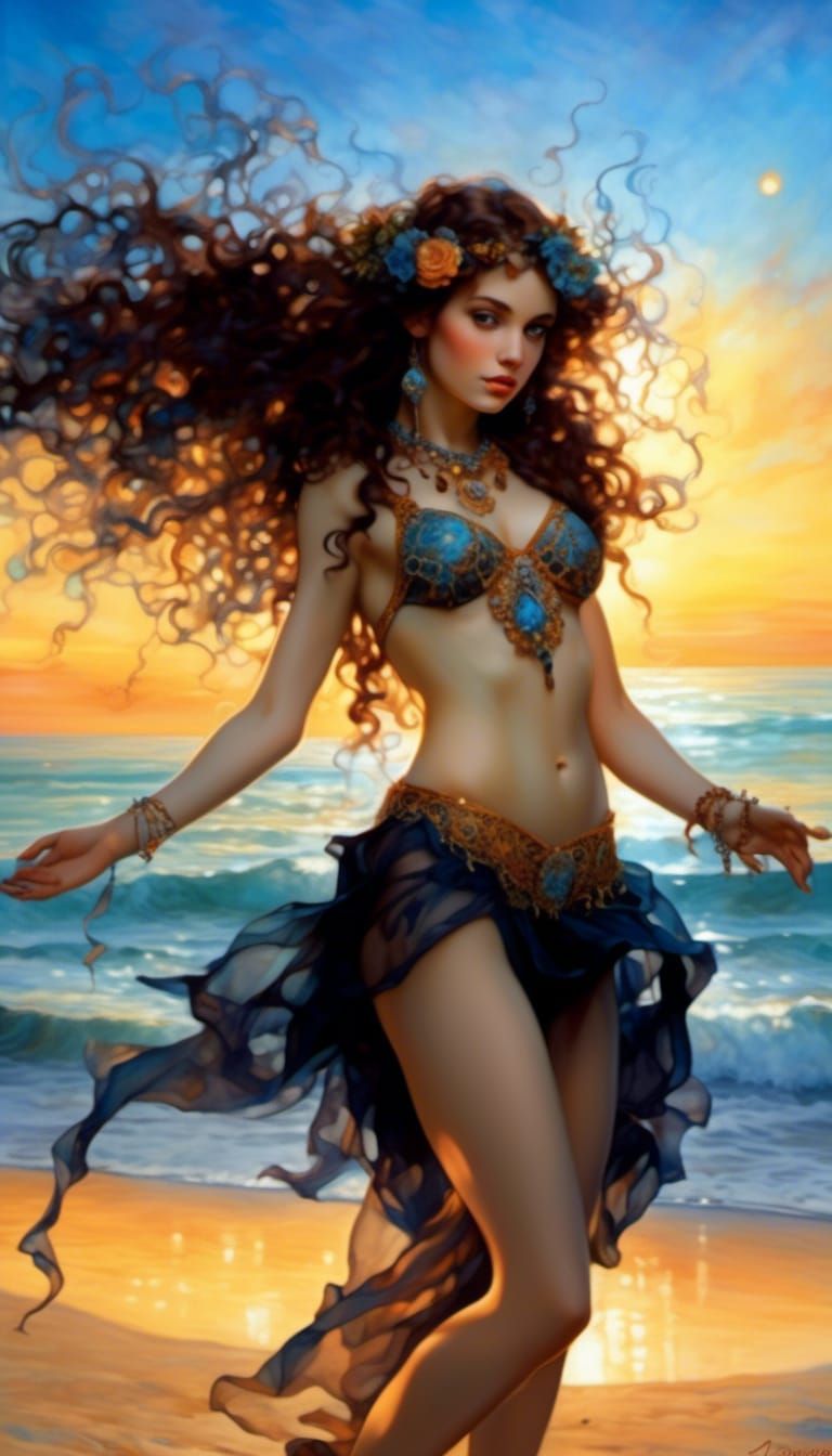 Sunset Beach Fire Dancer in Hyperrealistic Style