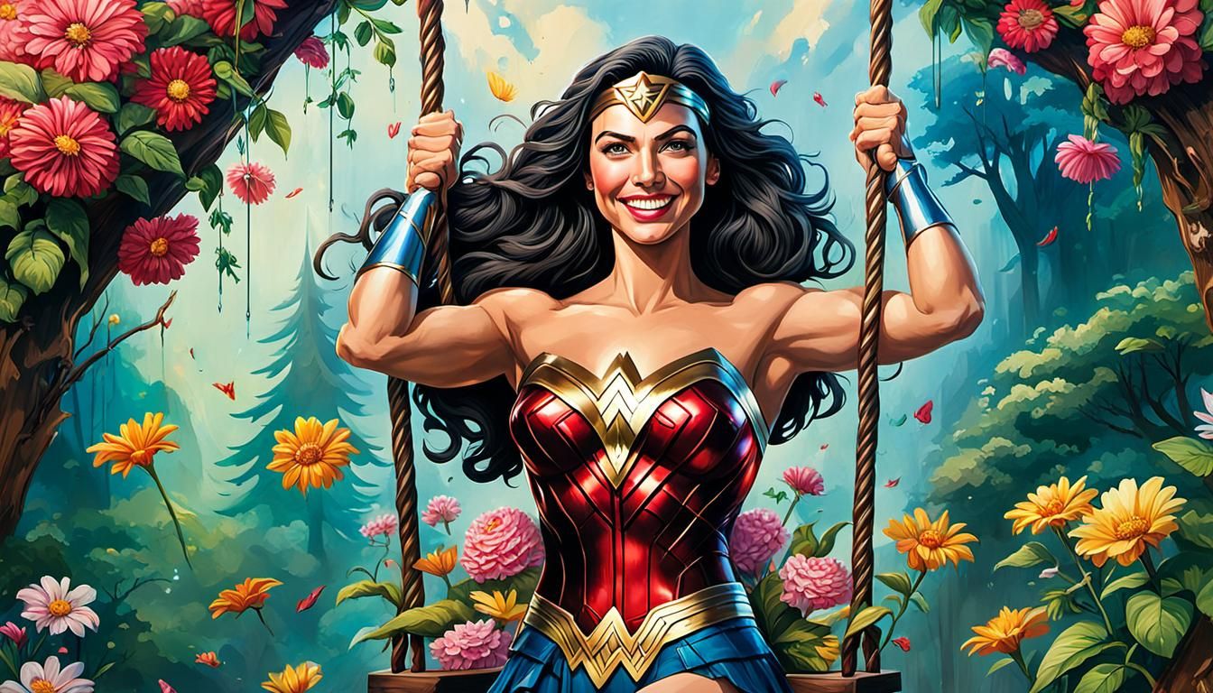 Wonder Woman in Enchanted Forest: Hyperrealistic Splash Art
