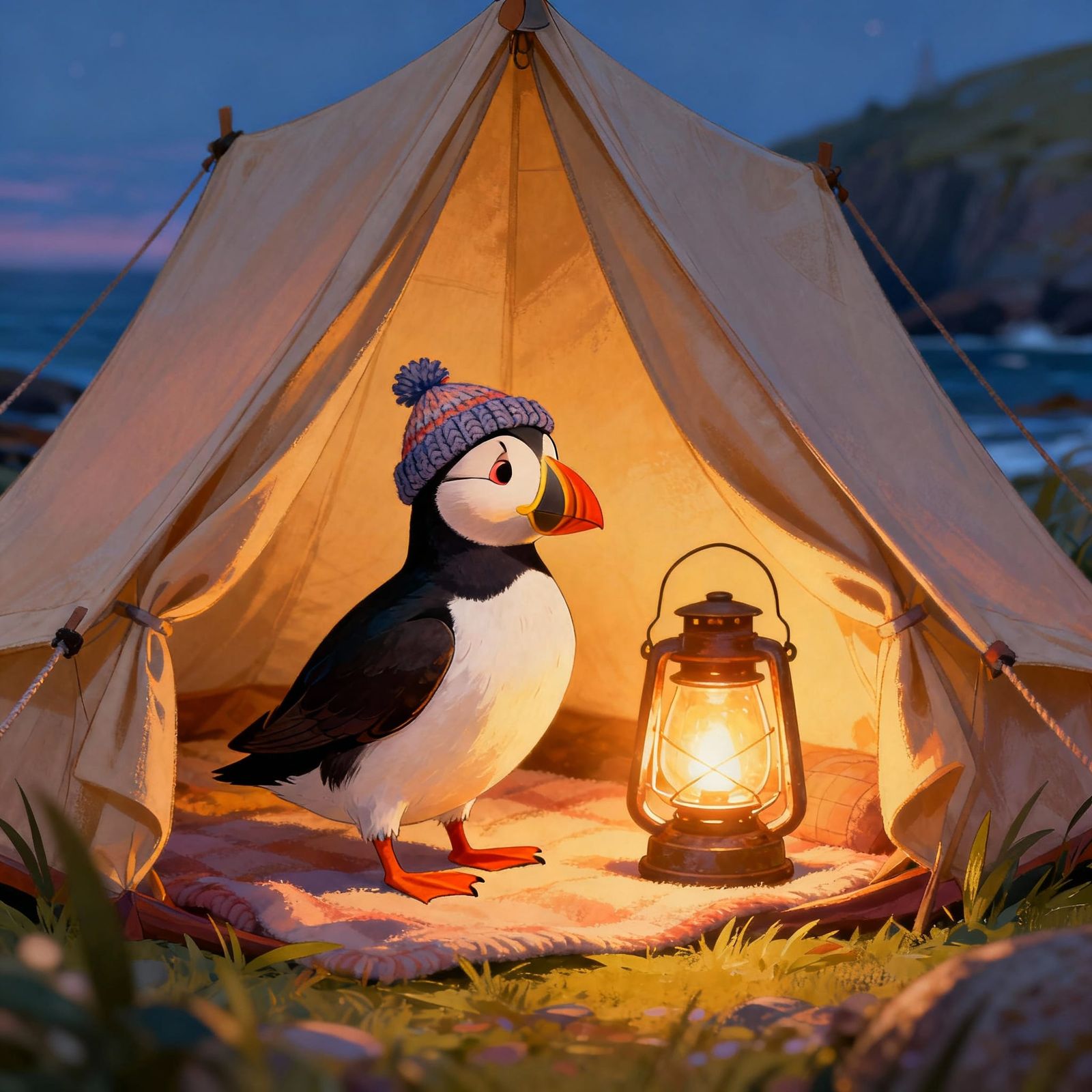 Charming Puffin in Tent with Knitted Hat, Storybook Style
