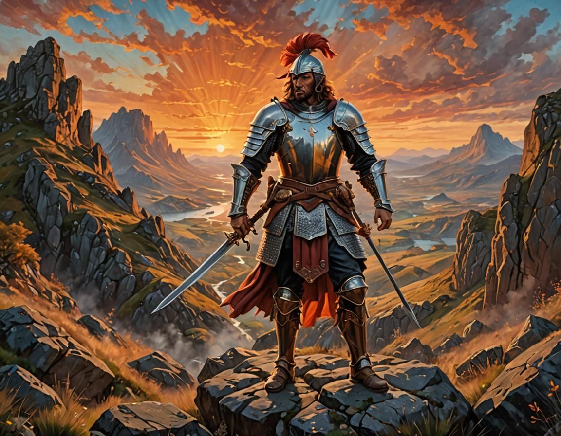 Breton Warrior in High Rock Landscape as Oil Painting