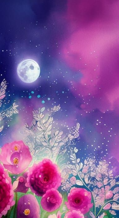 Hyperrealistic City with Moon, Flowers and Gems