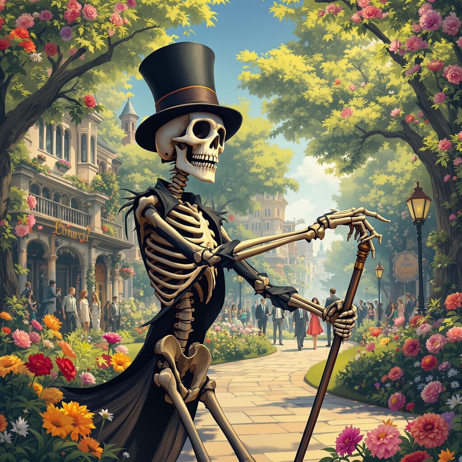 Gothic Tango Skeleton in Whimsical Urban Park
