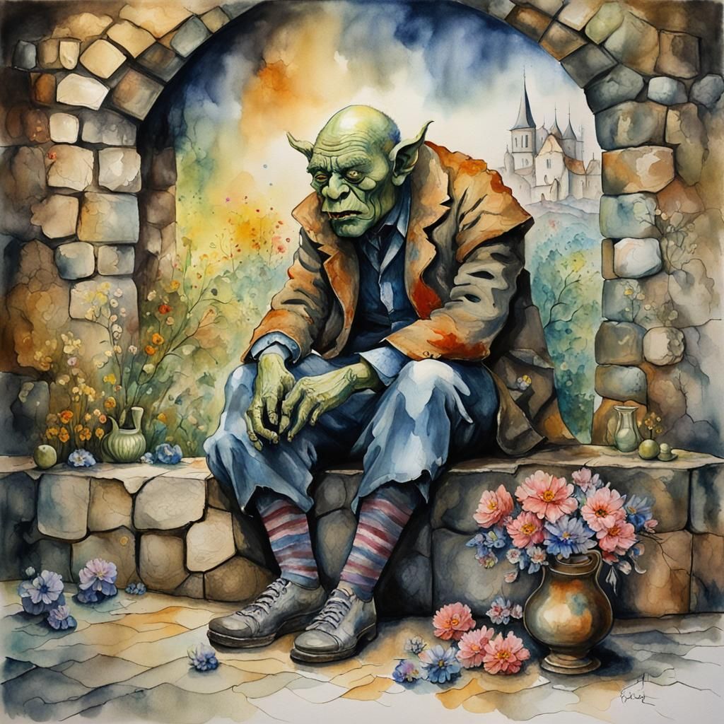 Orc with Broken Vase: Surrealist Watercolour