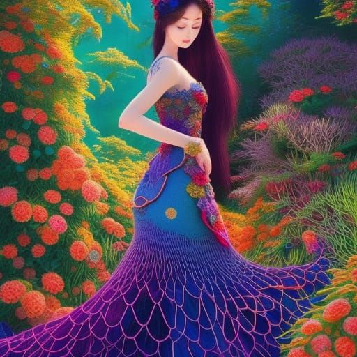 Woman Dancing in Embroidered Lizard Dress, Anime Style