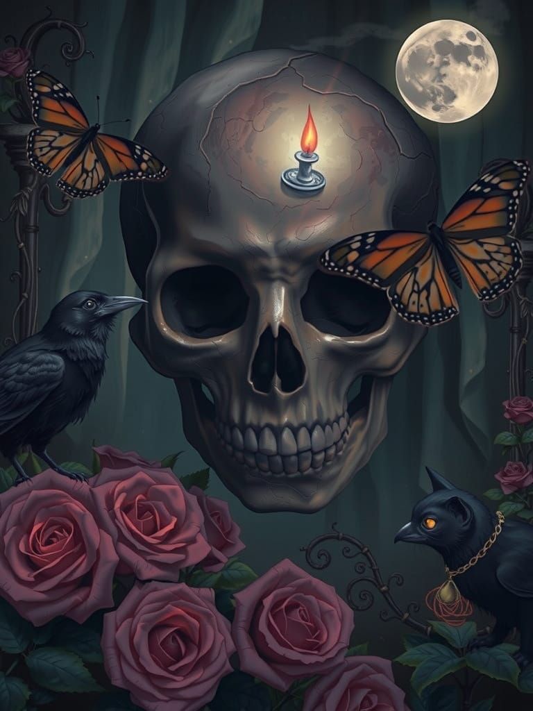 A worn, ornate coffin, its surface cracked and weathered, sits shrouded in a tangle of wilting, dark red roses, their pe...