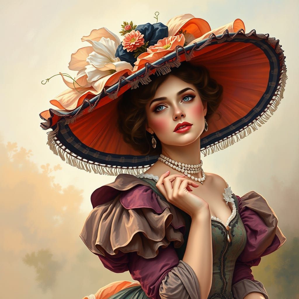 Victorian Woman in Big Hat as Gouache Painting
