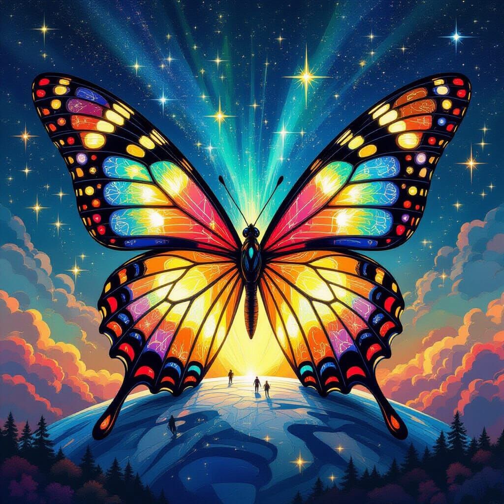 Giant Crystalline Butterfly Refracting Starlight Over World