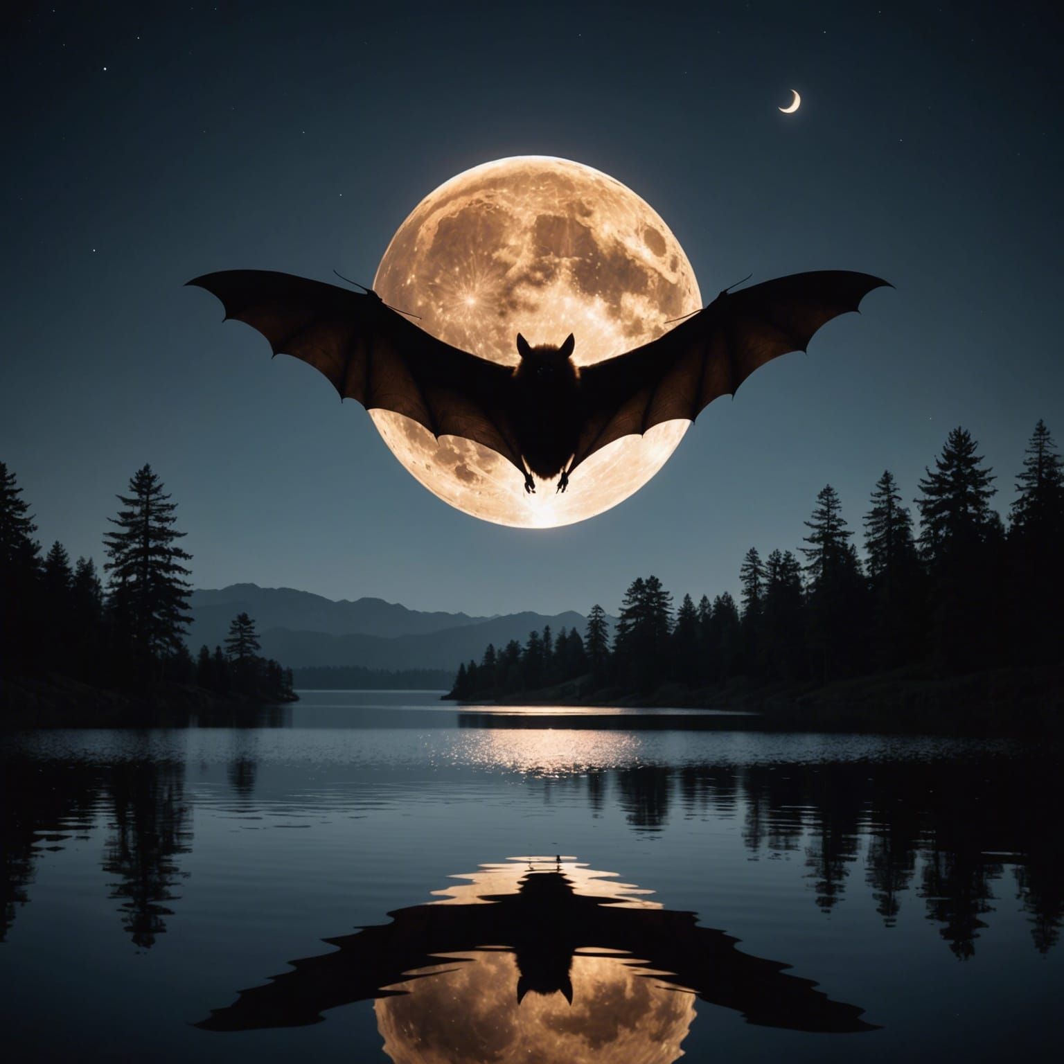 Double Exposure: Bat Silhouette and Rising Moon