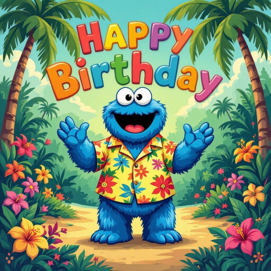Cookie Monster's Tropical Birthday Wish: Whimsical Art
