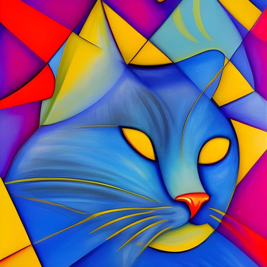 Blue Tropical Cat in Cubist Style