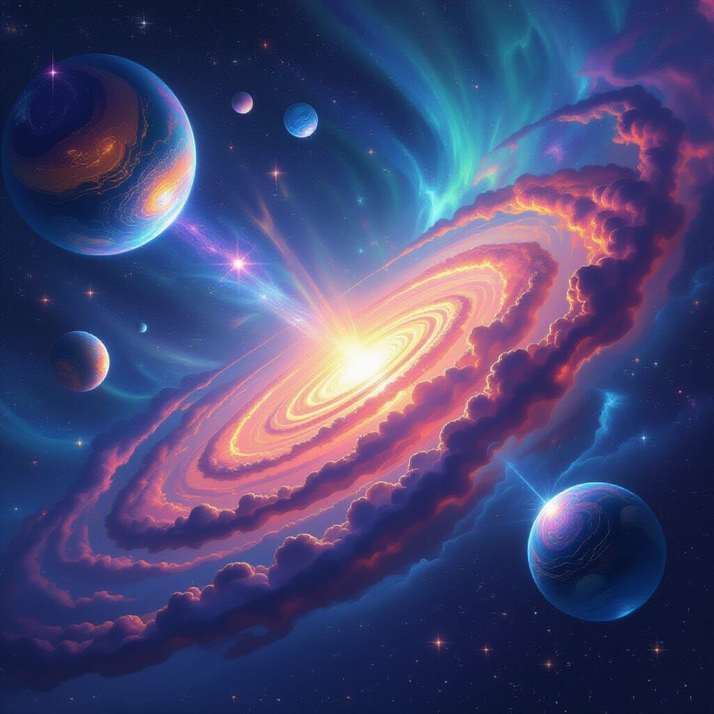 Iridescent Futuristic Sci-Fi Spacescape with Galaxies and Au...