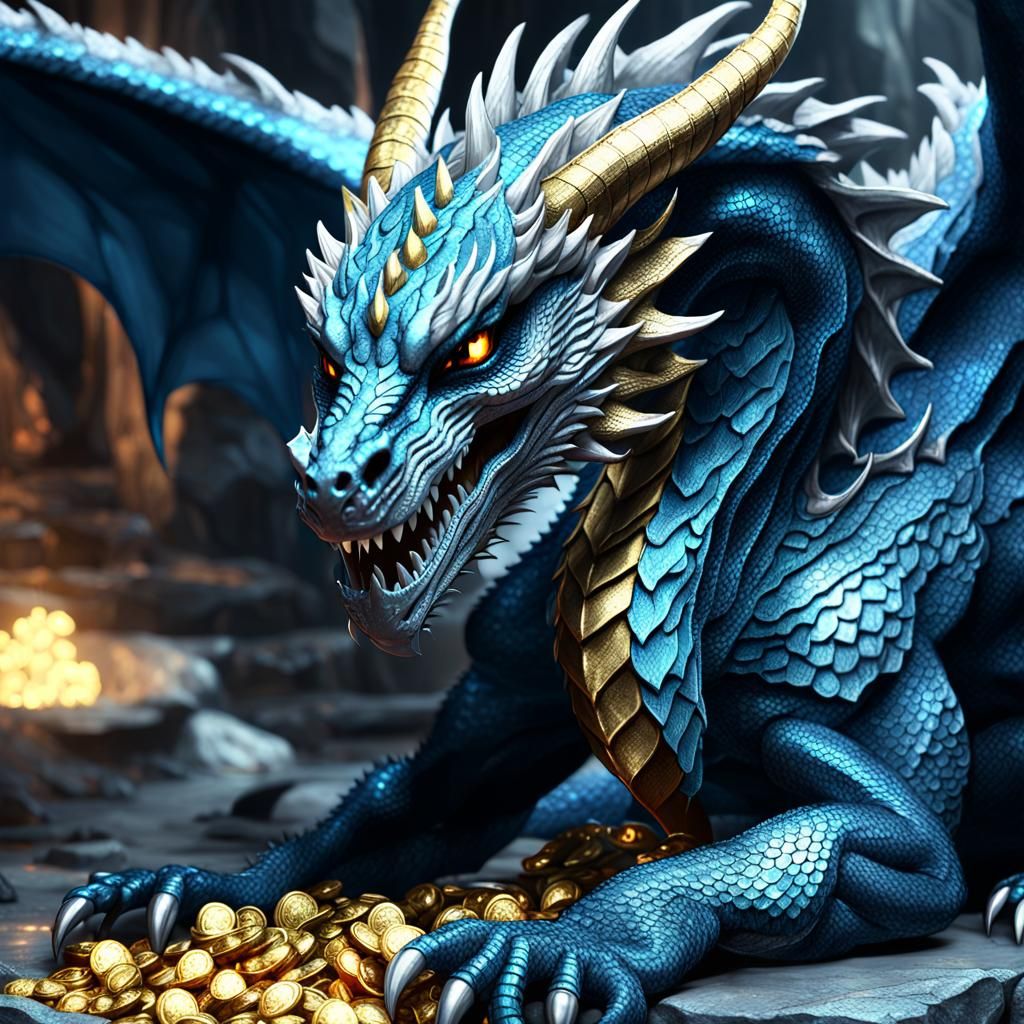 Silver Dragon Guarding Treasure in Mystical Lair