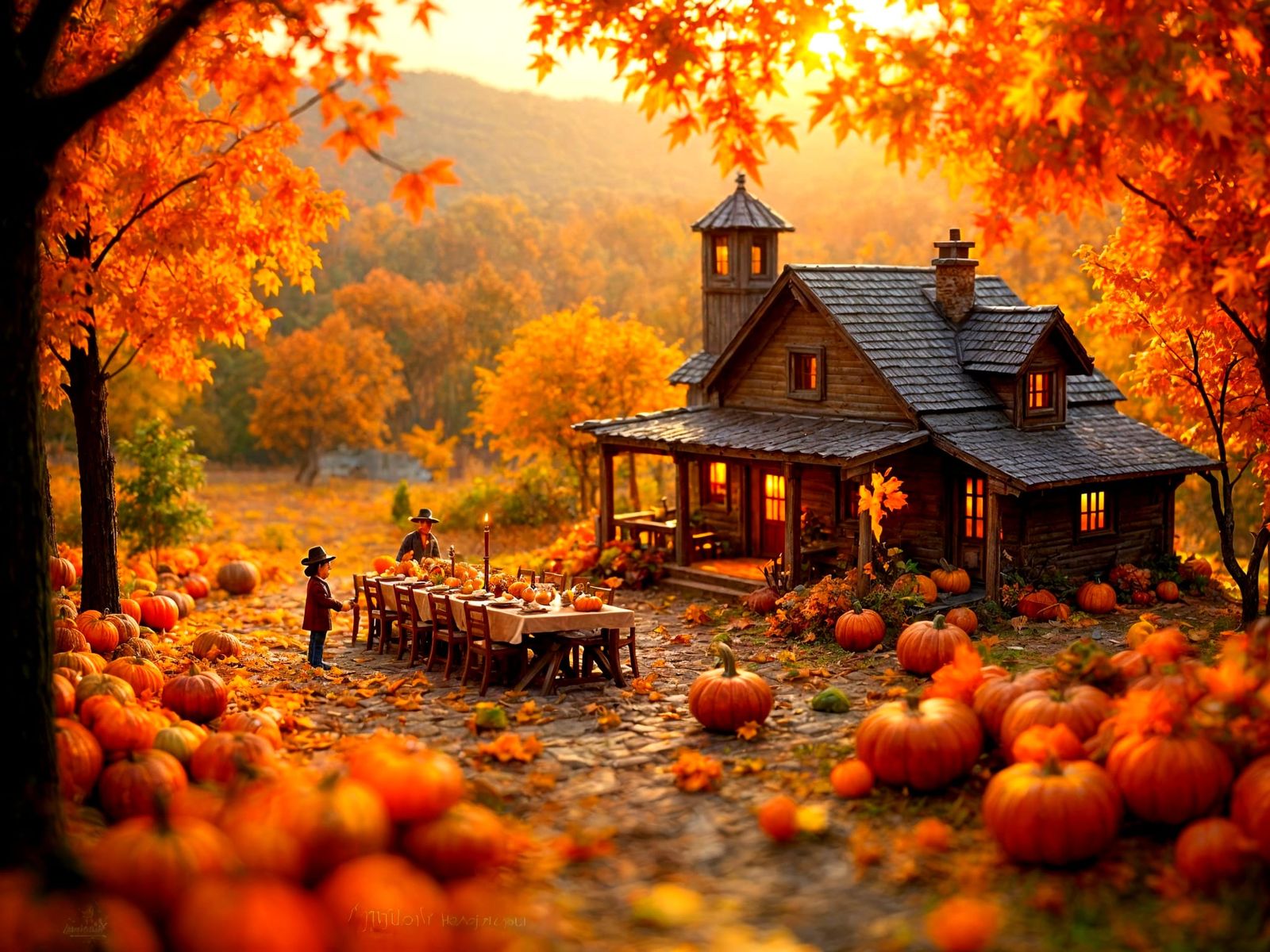 Miniature Autumn Farm Table Macro Photo
