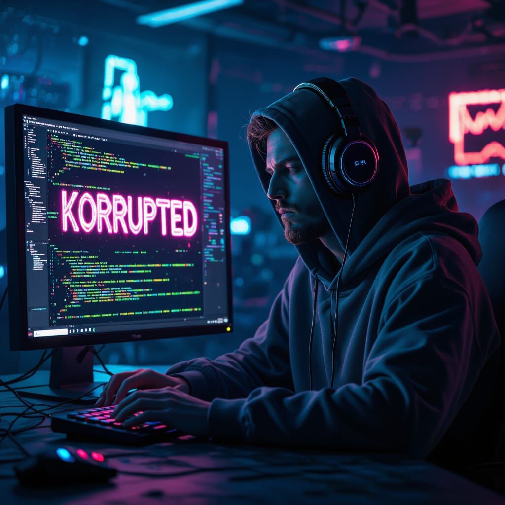 Dystopian Man in Trance Before Corrupted Computer